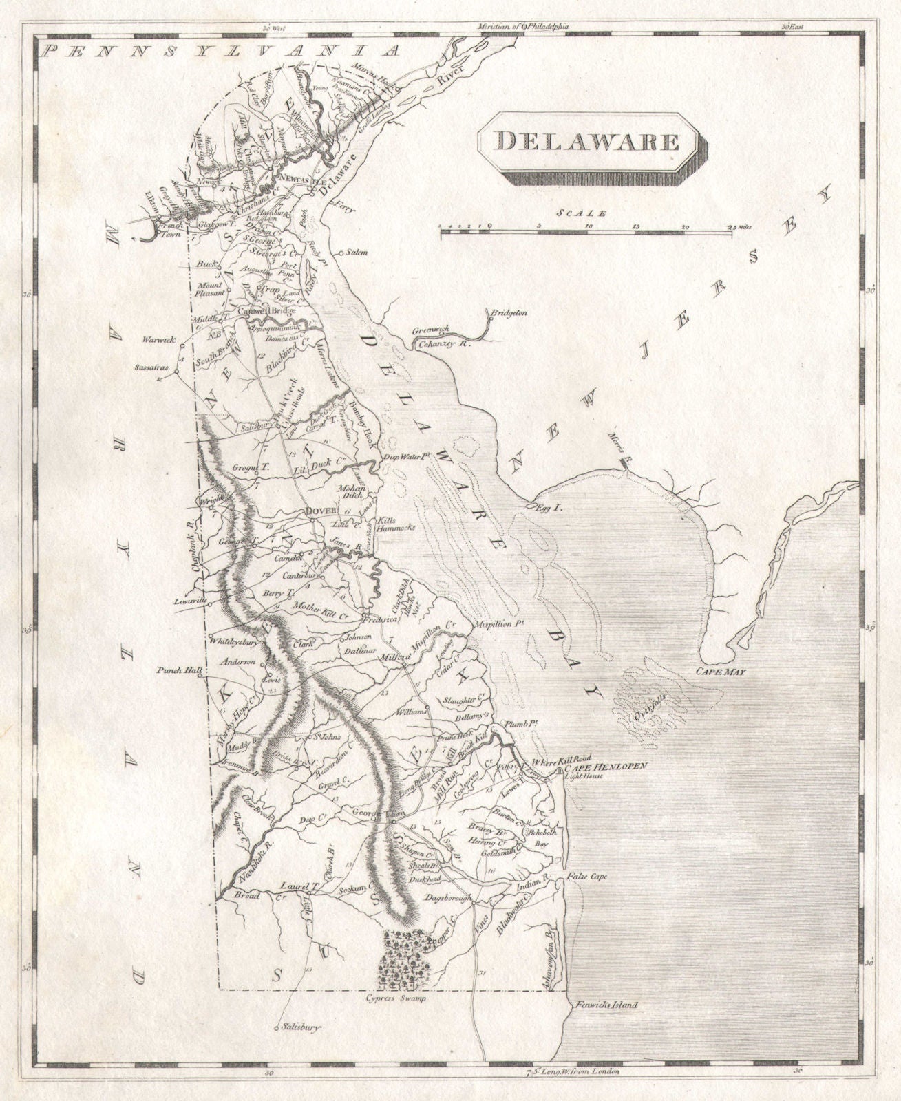 Delaware state map by Arrowsmith & Lewis 1812 old antique plan chart
